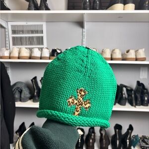 Chrome Hearts Green Cashmere Knit Beanie – Leopard Cross Patch – Made in USA
